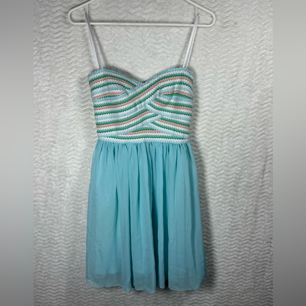 B. Smart Aqua Strapless Dress with Multicolor Crochet Bodice